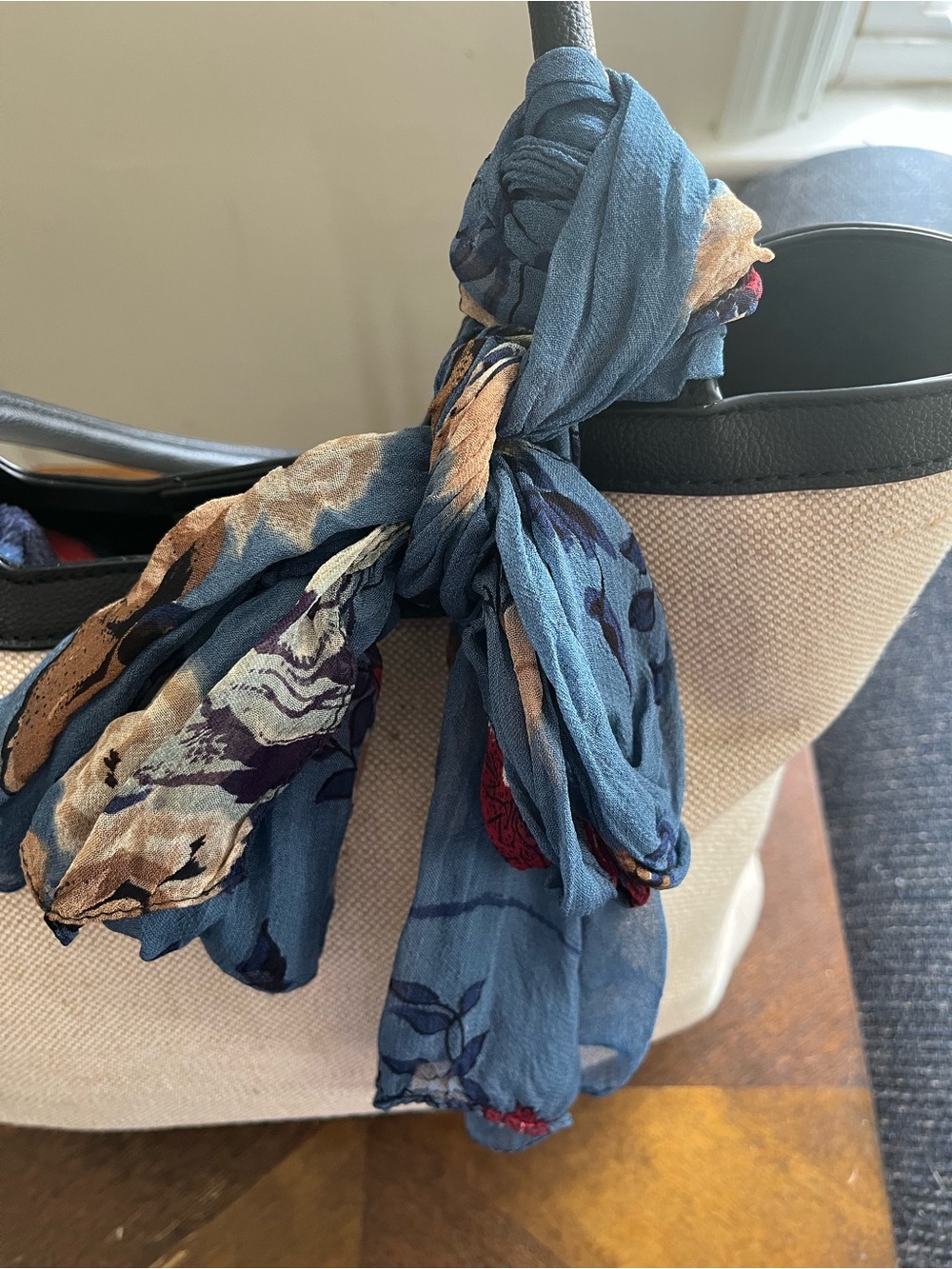 Rachel Zoe Cream Canvas Tote with Black Trim and Blue Scarf Accent - Picture 3 of 7